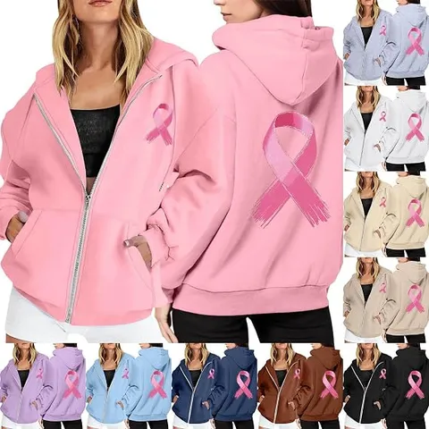Sudadera Con Capucha Y Cremallera Concientización Cáncer De Mama Poliéster Manga Larga Estampado Lazo Rosa Hombre