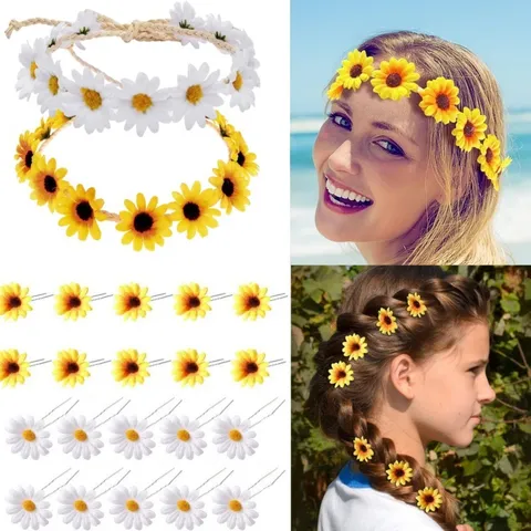Women Girls Sunflower Daisy Flower Crown Headband Wreath With U Shaped Hair Pins Bohemian Floral Hair Accessories For Wedding