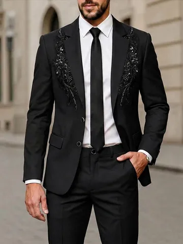 Men Sequin Embroidered Suit Jacket And Pants Top And Bottom Slim Fit Tuxedo For Banquet Wedding Party Gentlemen Formal Wear