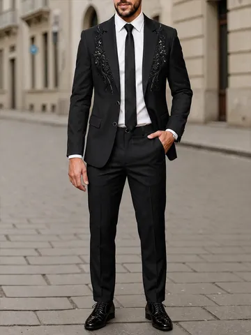 Men Sequin Embroidered Suit Jacket And Pants Top And Bottom Slim Fit Tuxedo For Banquet Wedding Party Gentlemen Formal Wear