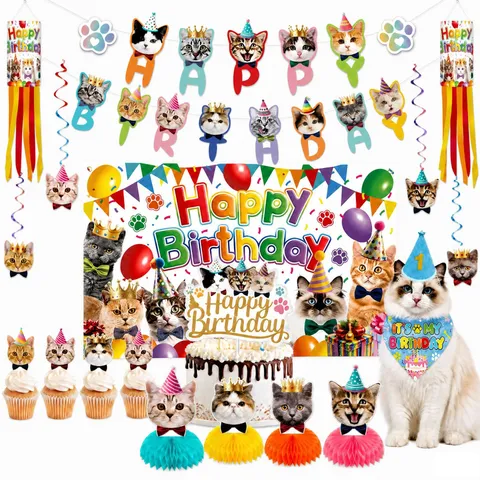 Cat Theme Birthday Party Decorations Happy Birthday Banner Paper Cake Topper Spiral Honeycomb Ornament Kitten Supplies