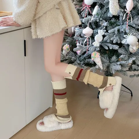 Women Winter Knit Leg Warmers Retro Button Color Block Slouch Socks Y2K Fashion Calf Warm Socks Boot Cuffs