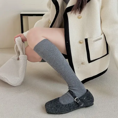 Dames Wol Verticale Gestreepte Kuit-sokken Japans Stijl Casual Effen Kleur Retro Halve Sokken
