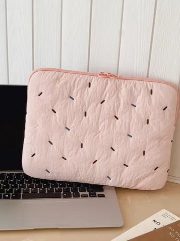 Quilted Embroidered Laptop Sleeve 11 14 Inch Nylon Lightweight Shockproof Padded Computer Case For Women Men Candy Colors