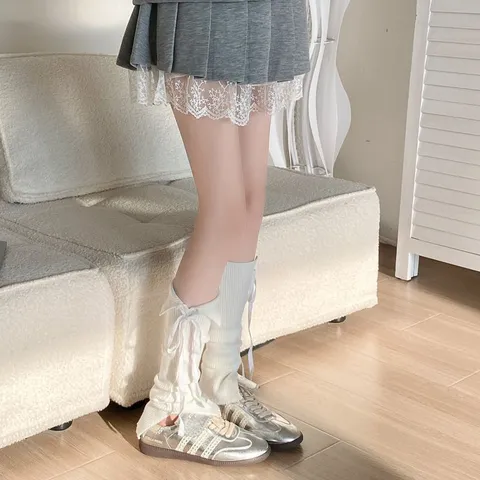 Women Japanese Sweet Knit Leg Warmers Ribbon Bow Cute Lolita Casual Solid Color Spring Summer Thin Calf Socks