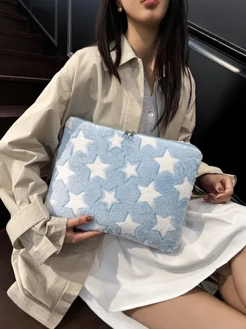 Contrast Star Pattern Plush Tablet Sleeve Soft Protective Laptop Case For Women Minimalist Large Capacity Shockproof Bag