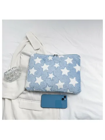 Contrast Star Pattern Plush Tablet Sleeve Soft Protective Laptop Case For Women Minimalist Large Capacity Shockproof Bag