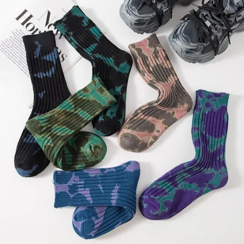 Chaussettes Mi-mollet Tie-Dye Unisexe Mélange de Coton Épaisses Thermiques Colorées Mode Streetwear Chaussettes Décontractées pour Hommes et Femmes