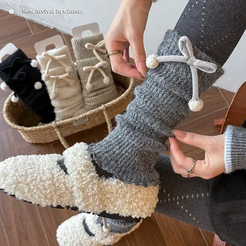 Women Winter Warm Wool Blend Leg Warmers Sweet Lolita Bowknot Pom Poms Knitted Boot Cuffs Over The Knee Stockings