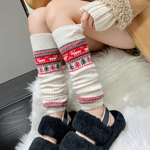 Women Winter Warm Wool Knit Leg Warmers Sweet Christmas Deer Pattern Slouch Socks Fashion Casual Leg Covers
