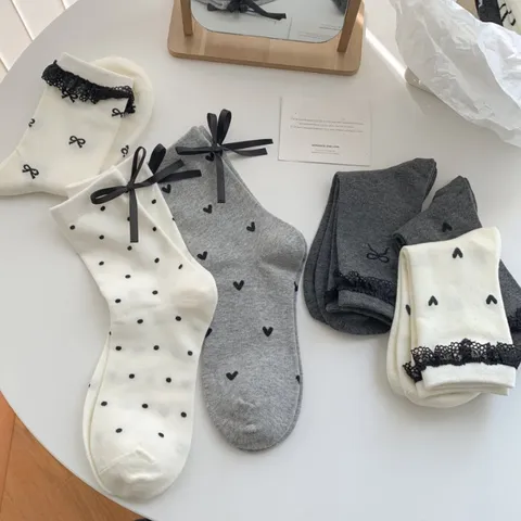 Women Casual Sweet Mid Tube Cotton Socks Cute Bowknot Lace Ruffle Polka Dot Heart Stacked Socks Fashion Daily Hosiery