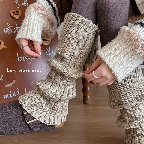 Women's Fall Winter Retro Cable Knit Leg Warmers Button Decor Thickened Warm Layering Boot Cuffs High Tube Socks