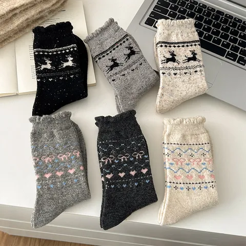 Women Winter Nordic Fair Isle Fawn Bow Mid Tube Wool Blend Socks Retro Cute Heart Graphic Casual Warm Crew Socks