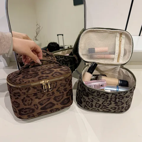 Grote Make-up Tas met Luipaardprint Draagbare Reizen Cosmetica Etui Rits Opbergtas Voor Dames