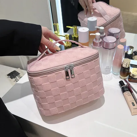 Grote Kosmetische Tas Ruit Geweven Make-up Opslagtas Draagbare Toiletartikelen Organizer Stedelijk Minimalistisch Reisetui