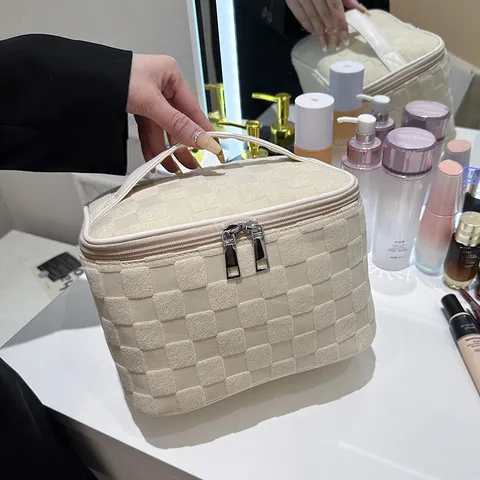 Grote Kosmetische Tas Ruit Geweven Make-up Opslagtas Draagbare Toiletartikelen Organizer Stedelijk Minimalistisch Reisetui