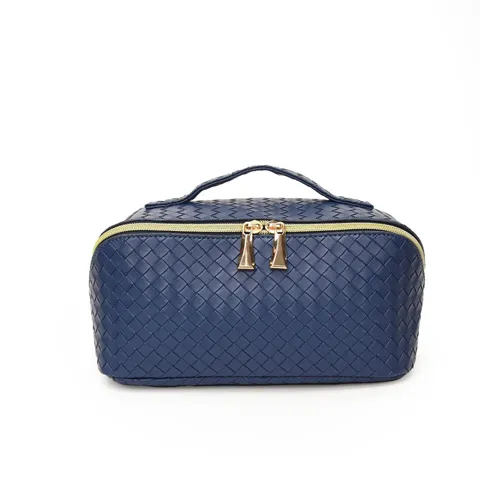 Geweven PU Leer Grote Capaciteit Kosmetische Tas Draagbare Reizen Make-up Organizer Tas Toiletartikelen Opslag Handtas Voor Vrouwen