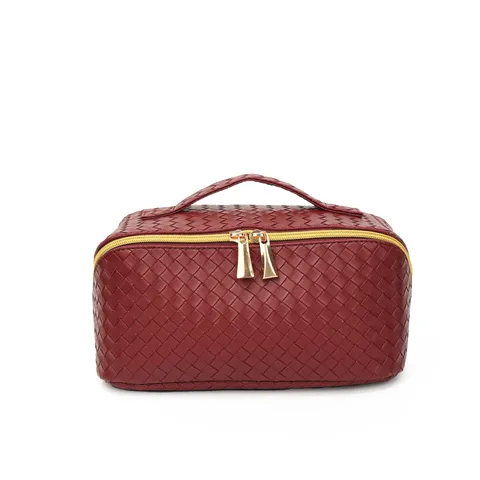 Geweven PU Leer Grote Capaciteit Kosmetische Tas Draagbare Reizen Make-up Organizer Tas Toiletartikelen Opslag Handtas Voor Vrouwen