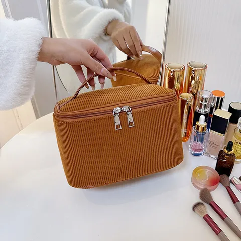 Ribfluweel Cosmetische Tas Grote Capaciteit Draagbare Make-up Organizer Minimalistische Effen Kleur Toiletp Tas Dagelijkse Reizen