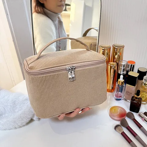 Ribfluweel Cosmetische Tas Grote Capaciteit Draagbare Make-up Organizer Minimalistische Effen Kleur Toiletp Tas Dagelijkse Reizen