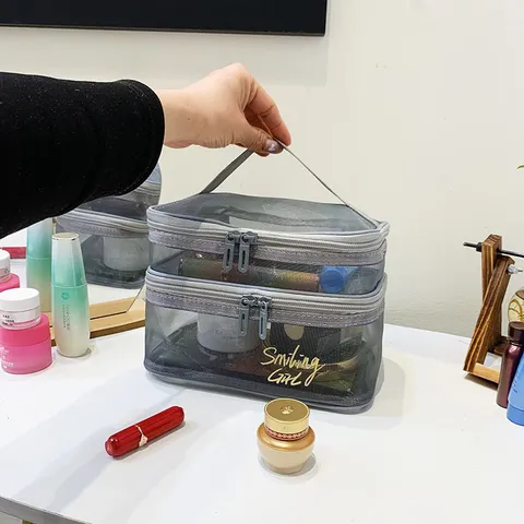 Tragbare Mesh Reise Make-up Tasche Große Kapazität Transparente Kosmetiktasche Doppelschicht Reißverschluss Kulturbeutel