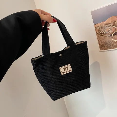 Retro Corduroy Handtas Grote Capaciteit Draagbare Lunchtas Casual Effen Kleur Make-up Tas Voor Vrouwen