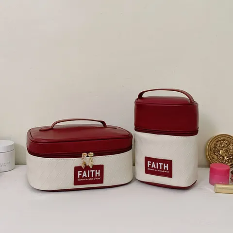 PU Leer Gewatteerde Kleurblok Kosmetische Tas Draagbare Handgedragen Grote Capaciteit Make-up Opbergtas Toiletzak Voor Vrouwen