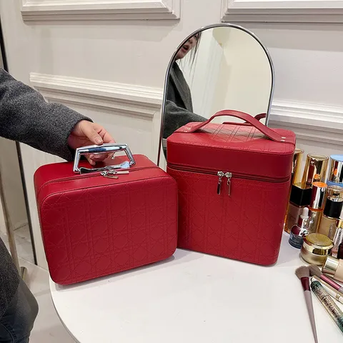 Grote Capaciteit PU Lederen Make-up Tas Gewatteerd Dubbellaagse Cosmetische Koffer Reizen Toiletartikelen Organizer Handtas Voor Vrouwen