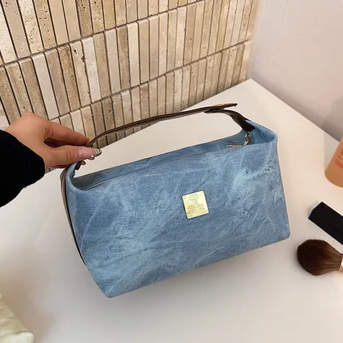 Vintage Denim PU Lederen Kosmetische Tas Grote Capaciteit Reis Toilettas Waterdichte Make-up Etui voor Dames