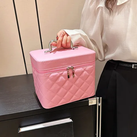 Dames PU Leer Gewatteerde Make-uptas Draagbare Handheld Make-up Doos Reizen Toiletartikelen Opslag Organizer Doos Effen Kleur