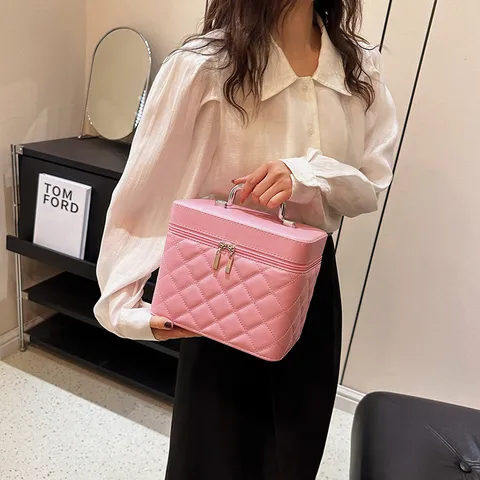 Dames PU Leer Gewatteerde Make-uptas Draagbare Handheld Make-up Doos Reizen Toiletartikelen Opslag Organizer Doos Effen Kleur