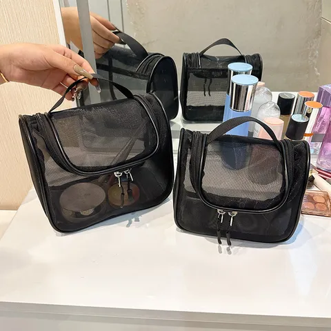 Große Kapazität Mesh Kosmetiktasche Schwarze Reise Waschbaug Tragbarer Make-up Organizer Reißverschluss Kulturbeutel