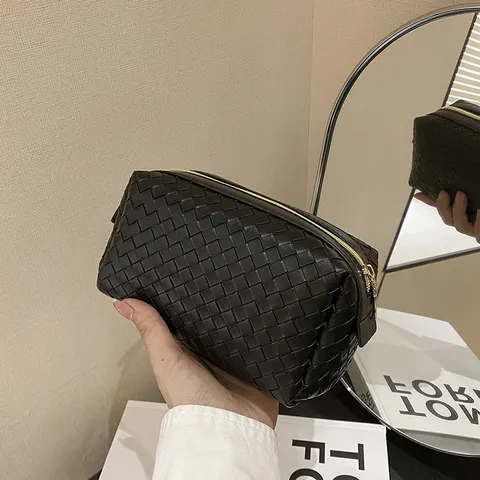 PU Leder Geweven Patroon Make-up Tas Draagbare Cosmetische Pouch Reizen Toiletartikelen Organizer Handtas Voor Vrouwen