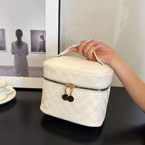 Draagbare PU Lederen Cosmetische Tas Vintage Karomuster Make-up Etui Reistoilettas voor Vrouwen