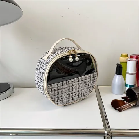 Vrouwen Ronde Cosmetische Tas Draagbare Reizen Toilette Organizer Duidelijk Venster Tweed Make-up Pouch Met Parel Rits