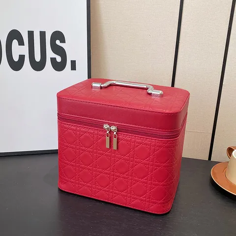 Grote Capaciteit PU Lederen Cosmetische Tas Vintage Gewatteerd Make-up Organizer Doos Geometrische Stiksels Reistoilettas