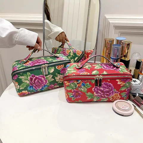 Chinese Stijl Bloemen PU Leer Cosmetische Tas Grote Capaciteit Make-up Pouch Draagbare Toiletartikelen Organizer Tas Voor Vrouwen