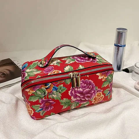Chinese Stijl Bloemen PU Leer Cosmetische Tas Grote Capaciteit Make-up Pouch Draagbare Toiletartikelen Organizer Tas Voor Vrouwen
