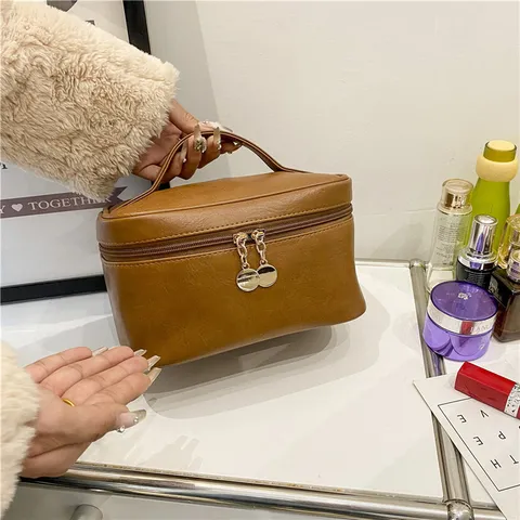 Minimalistisch Effen Kleur PU Leer Cosmetische Tas Grote Capaciteit Draagbare ToiletTas Reizen Cosmetica Organizer Opslag Tas Voor Vrouwen
