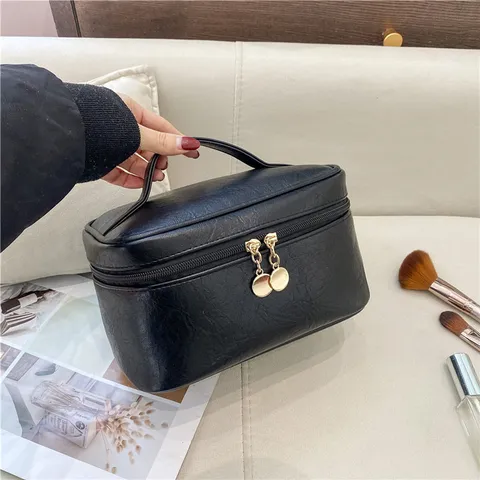 Minimalistisch Effen Kleur PU Leer Cosmetische Tas Grote Capaciteit Draagbare ToiletTas Reizen Cosmetica Organizer Opslag Tas Voor Vrouwen