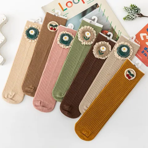 Girls Cute Floral Mori Style Mid Calf Socks Combed Cotton Sweet Cherry Lace Trim Casual Hosiery Kids Daily Accessories
