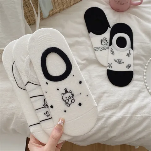Chaussettes Invisibles pour Femmes Coton Peigné Invisible Bas Antidérapant Mignon Imprimé Dessin Animé Respirant Été Chaussettes Décontractées