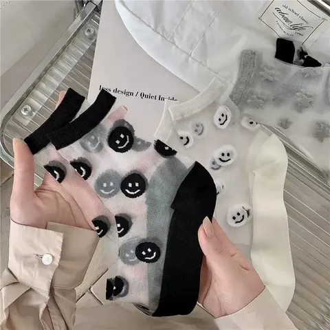 Chaussettes Mi-Hautes Transparentes en Soie de Verre Motif Visage Souriant et Étoile pour Femme Fond en Coton Respirant Mode Décontractée