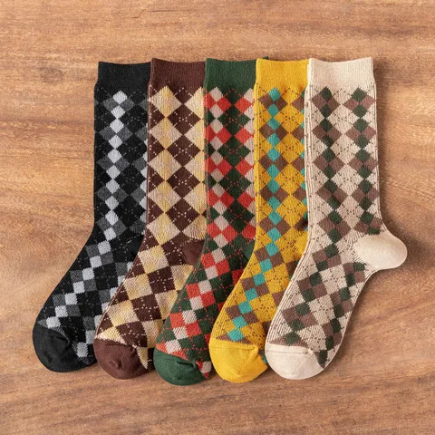 Women's Vintage Argyle Mid Tube Socks Cotton College Style Retro Slouch Socks