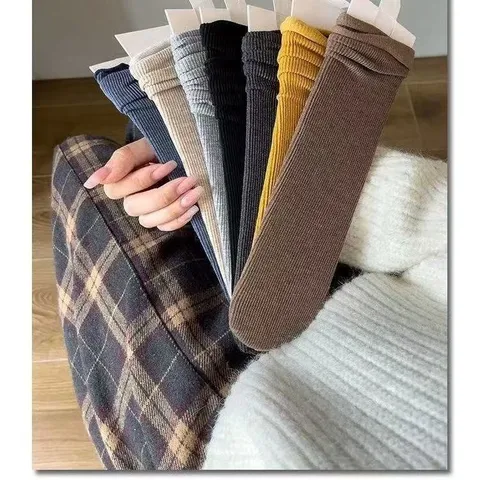Women Casual Cotton Mid-Tube Slouch Socks Vintage Ribbed Rolled Edge Thickened Warm Crew Socks Everyday Wear