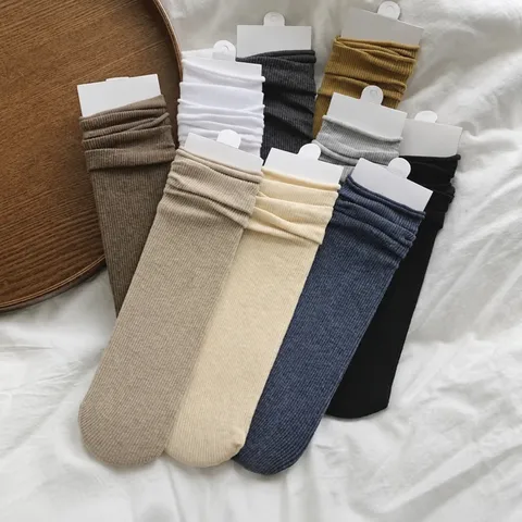 Women Casual Cotton Mid-Tube Slouch Socks Vintage Ribbed Rolled Edge Thickened Warm Crew Socks Everyday Wear