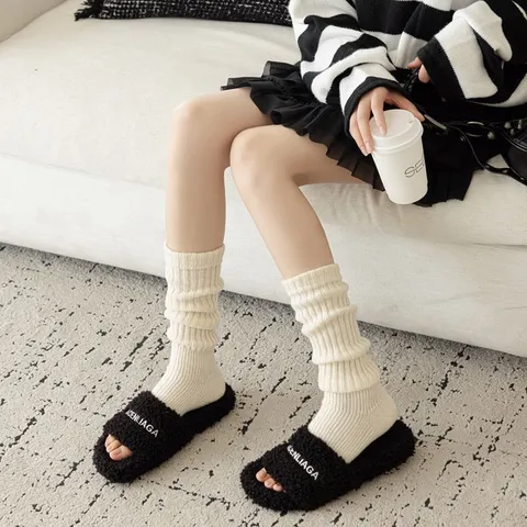 Women Winter Knit Leg Warmers Ribbed Stirrup Socks Solid Color Casual Long Boot Cuffs