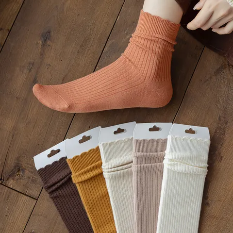 Women's Wool Crew Socks Winter Warm Slouch Socks Solid Color Ruffle Cuff Thermal Knit Socks