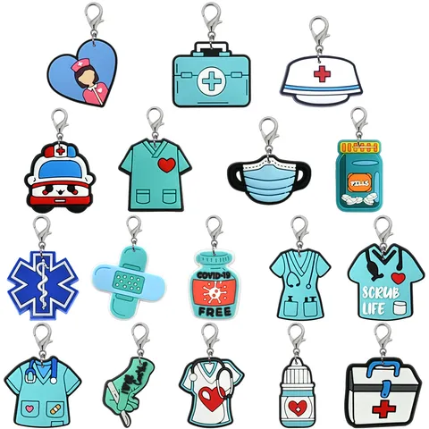 Blue Medical Cartoon PVC Keychain Nurse Doctor Stethoscope Ambulance Pill Design Bag Charm Car Key Ring Gift