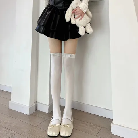 Women's Sweet Velvet Over The Knee Socks With Bow Solid Color Cute Thigh High Fashion Hosiery Long Stockings